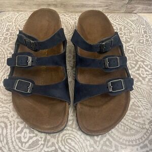 Birkenstock Arizona Suede Leather Triple Strap Sandals Size 37 Navy Blue